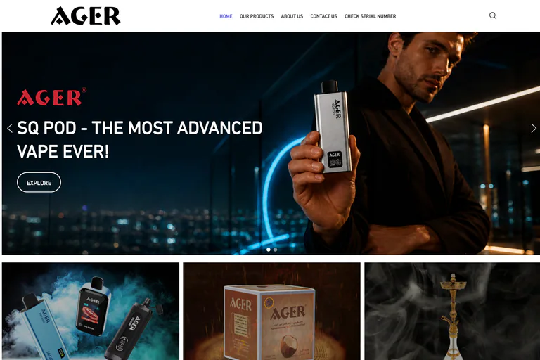 AGER Online homepage with product categories and serial-number checking navigation.
