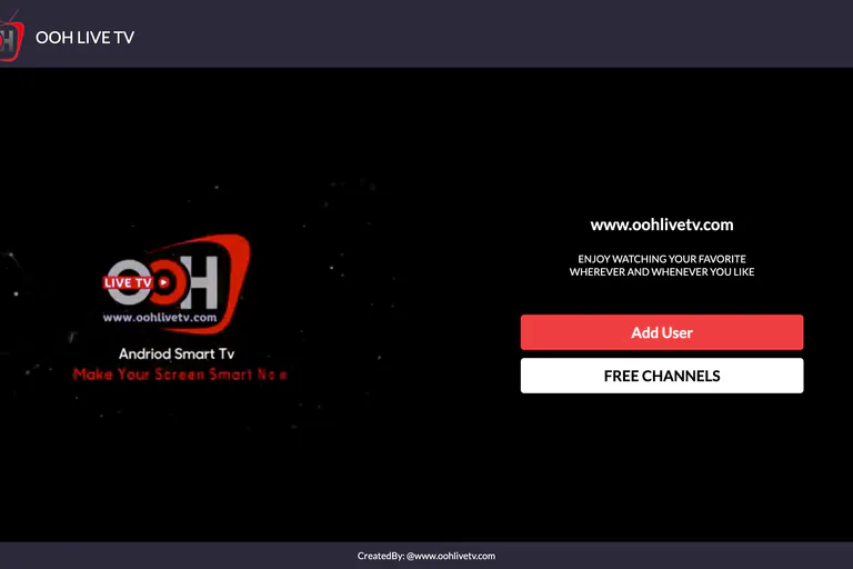 OOH Live TV WebPlayer entry screen with Add User and Free Channels options.