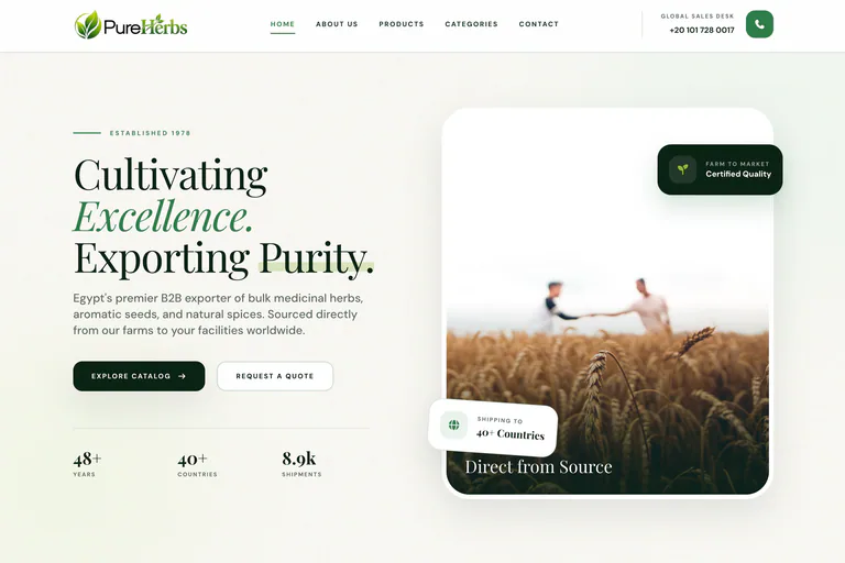 Pure Herbs homepage with an introduction to the export business.